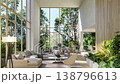 Modern contemporary living room with double-height ceiling and large windows overlooking a green forest 3D animation render. 138796613