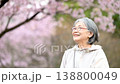 一位老婦人在櫻花樹下，花瓣飄落，面帶微笑，讓人聯想起春天裡健康快樂的景象；一位老婦人在賞櫻時仰望著櫻花。 138800049