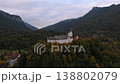 Drone footage, Hohenaschau Castle, Bavaria. Schloss Hohenaschau, Kampenwand im Nebel, Aschau im Tal. Drone aerial, Schloss Hohenaschau, Germany, cloudy Alps. Nebelwald, Kampenwand, Laubenstein.  138802079