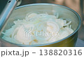 Close-up of peeled and sliced white onions in aluminum bowl with water for pilaf 138820316