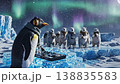 Penguin DJ plays music on console while polar bears dance on snow 138835583