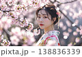 桜の木の下で、美しい着物を纏って佇む日本人女性の上半身ポートレート動画 138836339