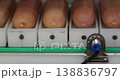 Raw sausages in casings move along conveyor under sensor control in factory. Automated stage of meat processing with industrial equipment in modern food production line. 138836797