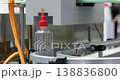 Plastic bottles with red caps move along conveyor under filling unit in sauce production line. Industrial food packaging process with automated control and modern equipment. 138836800