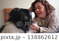 Smiling woman playing with cute puppy dog border collie on bed at home indoor. Owner girl stroking holding dog friend sitting on sofa in living room. Love for pets friendship support team concept 138862612