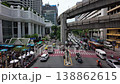 Daytime elevated view of traffic on Ratchadamri Road in Bangkok, with the BTS tracks running overhead, showcasing the city's dynamic urban life and modern transportation system. 138862615
