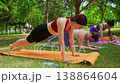 Group of women ending yoga class stretching and playing with kids on mats in summer park. Ending, yoga, stretching, kids, playing, mats, park. 138864604