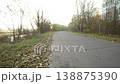 A gravel road leading to an open field surrounded by trees. Cloudy, grass brown. 138875390