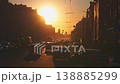 Saint-Petersburg, Russia - April 10 2026, 4k, panoramic view of Nevsky Prospect, cars on road, people walking on sidewalk, at sunset with bright sun, everything in orange light, St Petersburg, Russia 138885299