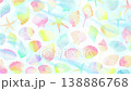 A watercolor loop animation of waves slowly lapping against a sandy beach covered with colorful seashells and starfish. 138886768