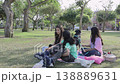 Group of Teen Friends with Dog Relaxing in Park 138889631