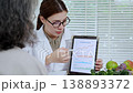 Asian nutritionist showing AI health analysis graph on tablet to senior patient. 138893372