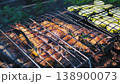 Delicious fish and zucchini grilling on barbecue 138900073