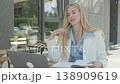 Smiling Businesswoman Writing Notes During Online Video Meeting At Outdoor Cafe 138909619