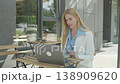 Elegant Businesswoman Opening Notebook While Working On Laptop At Outdoor Cafe 138909620