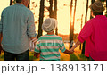 Parents son child walk holding hands in sunset park. Family walk in natural forest. Happy family dad mom son travel in nature. Family vacation concept in nature. Active family. People relax together 138913171
