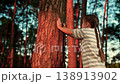 Child touches tree trunk in park. Environmental protection forest resources. Raising children with love nature. Child explores nature. Family picnic in park in summer. Kid girl's prayer in tree nature 138913902