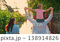Family walk in summer park, mother child sitting on father's shoulders. Family strolling on city street. Dad mom, young son together outdoors on weekend. Happy child parents dream fly. Kid superhero 138914826