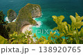 Tropical plants border the famous T Rex shaped cliff at Nusa Penida Bali Island 138920765