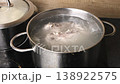 Close up of meat and bones gently boiling in clear liquid inside a stainless steel pot on a black induction stovetop in a home kitchen 138922575