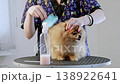 A groomer expertly brushes a cute Pomeranian, using a spray to prepare its luxurious coat 138922641