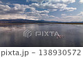 Flock of flamingos feeding in a dark water wetland lake, aerial drone view 138930572
