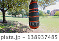 Heavy bag swings gently beneath green trees in a vibrant park filled with life and sunny joy 138937485