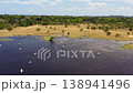 Birds flying over the lake, water bulls in the water and an elephant on the shore. Kumana National Park. Sri Lanka. 138941496