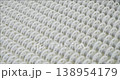 An industrial conveyor is in operation, white plastic rollers are rotating. Static handheld shot of production, sorting, or transportation line, real time speed, artificial lighting. 138954179