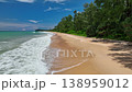 Aerial view fly forward and rising camera up  over sea wave crashing on beach, Thailand, half time slow motion shot 138959012