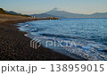 Mountain Fuji with wave crushing beach at sunrise view from Suruga Bay, Shizuoka, Japan 138959015
