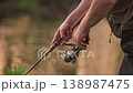 Close up of fisherman hands reeling fishing line with spinning rod. Outdoor leisure activity 138987475