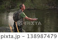 Slow motion of fisherman standing in river casting fishing line with spinning rod. Outdoor activity 138987479