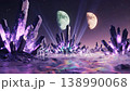 Giant Glowing Purple Crystal Formations Across Alien Landscape Under Dual Moons Starry Sky 138990068
