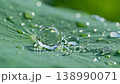 Macro view of water droplet impacting green leaf creating splash and rolling transparent spheres 138990071