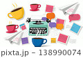 Vintage typewriter flat illustration with coffee cups, postage stamps and paper plane graphics 138990074