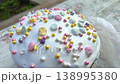 Easter bread with white icing colorful sprinkles festive paska closeup sweet decoration 138995380