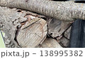 Stacked firewood on metal rack old dry wood rural house outdoor storage countryside 138995382