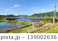 Miyagase Lake and Mizunosato Suspension Bridge: Panning shot to the right, 4K high-definition video. 139002636