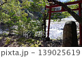 A red torii gate stands in the middle of a mountain stream, and the sound of water fills the air. 139025619