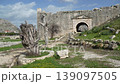 Ancient stone gateway at Letoon sanctuary, featuring arched entrance, weathered walls and pathway leading into historic Lycian ruins near city of Xanthos 139097505