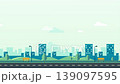 Minimalist vector cityscape background with flat building silhouettes, city park benches and empty road loop. 139097595