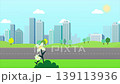 Sunny minimalist city loop animation with green hills and flowers.Seamless loop of bright city animation with moving clouds, sun, green hills, flowers, and empty asphalt road. 139113936