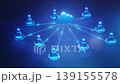 Futuristic 3D of remote users connected through a central cloud system, symbolizing teamwork, collaboration, and cloud technology. 139155578