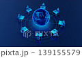 Futuristic illustration showing people working remotely around a glowing globe, symbolizing global communication, teamwork, and remote collaboration. 139155579