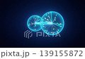Abstract digital of two entangled qubit spheres connected by binary code, symbolizing quantum communication and information exchange. 139155872