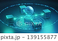 Futuristic of a quantum computing system featuring interconnected data nodes, digital binary flow, and glowing technology elements. 139155877