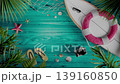 Summer Beach Items on Turquoise Wooden Background in Seamless Loop Animation 139160850