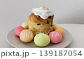 Traditional easter kulich cake with colorful eggs rotating on white background 139187054