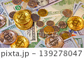 Background with US Dollar and Euro bills, BTC bitcoins rotating 139278047
